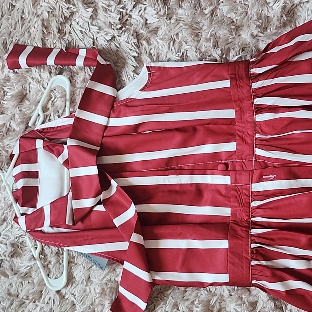 Wine Red 1950s Stripes Bow Swing Dress XL Retro Stage